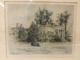 Framed antique architecture art print etching Carroll Mansion - Homewood signed by Lawrence B. Emge