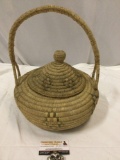 Vintage Native American handmade basket w/ handle & lid from Washington, shows wear, see pics