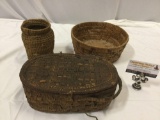 3 pc. Vintage Native American handmade baskets, 1 w/ lid, shows wear, see pics