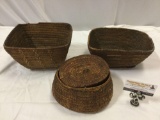 3 pc. antique Native American handmade baskets, 1 with lid, approx 10 x 8 x 6 in. INV 1171