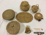 7 pc. lot of vintage Native American handmade woven baskets, 4 w/ lid, see pics