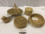 5 pc. lot of Native American / other handmade woven baskets, 3 w/ lid, 1 duck, sweet grass