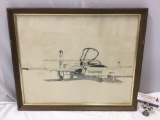 Framed vintage US Air Force fighter jet drawing print by Kahler, 1975, approx. 22 x 18 in.