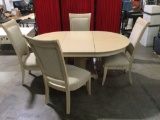 Pedestal dining table w/ 4 upholstered chairs