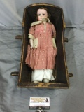 Antique porcelain head/hands 14 inch doll w/ outfit & wooden cradle, see pics