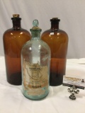 3 pc. lot antique large glass bottles w/ stopper/corks, brown / blue glass sulfuric acid ? poison