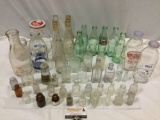 Lg. lot of antique glass bottles / soda pop / milk bottles; some branded, Coca-Cola, Coke minis,