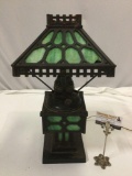 Antique metal electric lamp w/ stained glass shade, tested/working, shows wear, cracked glass