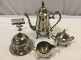 4 pc. lot of vintage silverplate tea service set w/ pot, creamer, sugar bowl & jelly dish