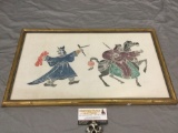 Antique framed rubbing multi-color print of battling lords, approx 22 x 13 in.
