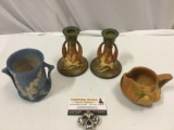 4 pc. lot of vintage ROSEVILLE USA pottery; candle holder, creamer, 2-handle vase, see pics