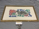 Antique framed rubbing multi-color print of a ram, approx 22 x 13 in.