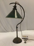Antique copper desk lamp w/ green glass shade, approx. 12 x 23 in. Tested & working.