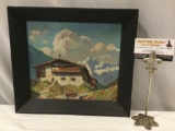 Framed vintage original Alpine home oil painting on board signed by artist J.F.