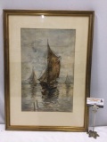 Framed vintage sailboat watercolor artwork, approx. 20 x 28 in.