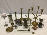 Nice lot of vintage metal decor; brass candle holders, FB Rogers silver plate covered ashtray