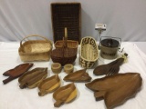 Lot of vintage woven baskets, monkey pod wood leaf shaped serving plates, Sourdough ceramic crock w/