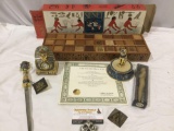 Mixed lot of Egyptian collectibles; Senet Game w/ box, Franklin Mint - Sacred Bast Cat (chipped),