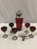 6 pc. vintage red glass / chrome martini shaker / jigger bar set w/ 5 matching glasses