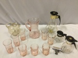 13 pc. lot of vintage glass pitchers & drinking glasses; pink glass pitcher, tumblers, Pyrex/