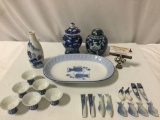 22 pc. lot of Asian porcelain flow blue tableware; ginger jars, fish plate, sake set, chopstick