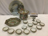 15 pc. lot antique Asian porcelain tableware; hand painted bowl, Nippon, lidded jar w/ plate, see