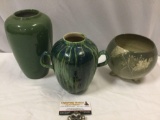 3 pc. Lot of vintage ceramic flowers vases w/ green glaze