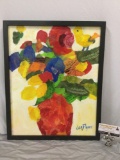 Framed original canvas mixed media collage art painting of bird & flower vase by Jan Flynn