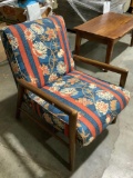 Vintage wood frame upholstered armchair, approx 30 x 25 x 31 in. Finish wear, see pics.
