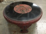Vintage Asian wood carved round table w/ etched peacock design