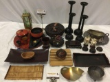 lot of Asian decor / table pieces; MIKASA candleholders, Japanese vases, brass wrapped green glass