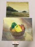 2 pc. lot of vintage original watercolor paintings by Barbara Leith, pepper basket still life/