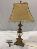 Vintage lamp w/ shade tested/working, approx 13 x 25 in. Shade shows wear.