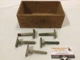 6 pc. lot of 5 antique metal shaving razors and Magic Yeast wooden crate