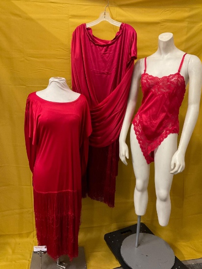 3 pc. lot of red ladies fringe dresses, David Rose, Ashley Taylor negligee, size large.