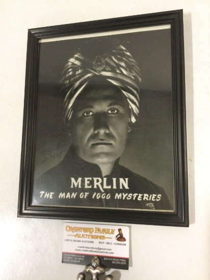 Framed 1984 signed B&W publicity headshot photo of magician Merlin - The Man of 1000 Mysteries