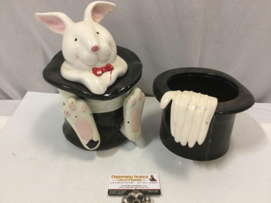 2 pc. lot of vintage ceramic magician top hat bunny rabbit cookie jar & gloves w/ top hat , see pics