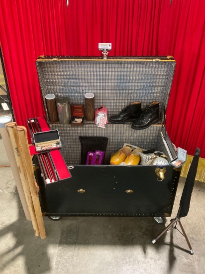 Lg. rolling stage trunk w/ magic trick props from collection of magician John Pomeroy Intl.
