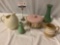 5 pc. vintage ceramic pastel tableware; Bauer warmer w/ brass stand, Metlox bud vase, Haeger