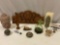 10 pc. Lot of vintage / modern Asian decor; wood carved figure/ boat, cloisonne make-up jar +