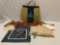 6 pc. lot of Asian dragon table runner, woven bag, knit pillow case, natural shoulder cover & more.