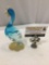 Vintage art glass bird sculpture in blue/gold, approx 7 x 3 in.