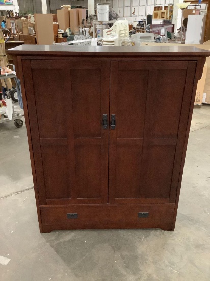 Wood cabinet w/ 3 shelves, 1- drawer missing pulls, approx 13 x 42 x 49 in.
