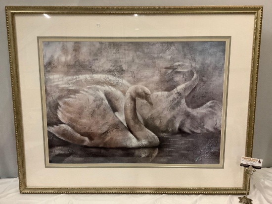 Large framed swan art print, approx. 46 x 36 in.