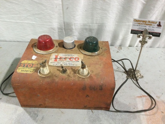 Antique international electric fence co. INC fence controller, approx 11 x 9 x 7 in. Sold as is.