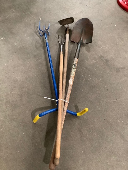 4 pc. lot if yard tools; Garden Claw, wood handle; hoe, claw and shovel.