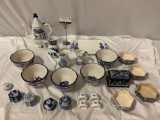 vintage flow blue ceramic decor: Phomex, Poppytrail tea pot, bone china napkin rings, Royal