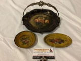 3 pc. lot RARE antique hand painted plates: 2 small tin, lacquered wood w/ metal handle, see pics.