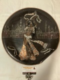 Vintage etched copper wall art piece w/ dancing girl design, signed by artist EV, see pics.