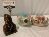 3 pc. lot of antique coin banks; copper Humpty Dumpty, Corky Pig 1957 ceramic w/ cork stopper,